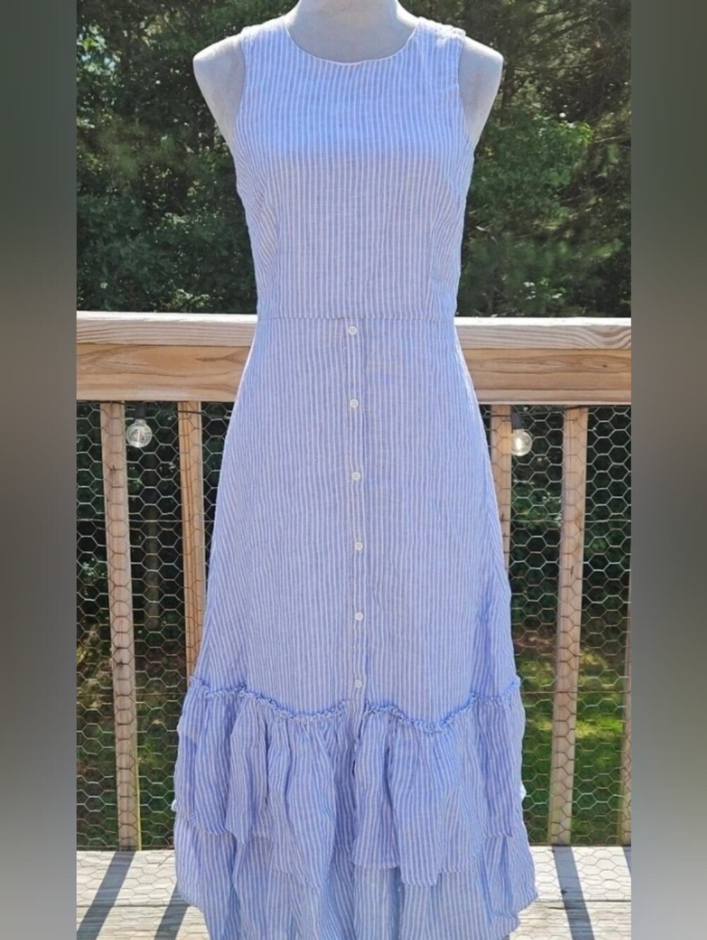 Antonio Melani Blue &White Stripe 100% Linen Midi Dress, Double Ruffle Hem, Sz:4